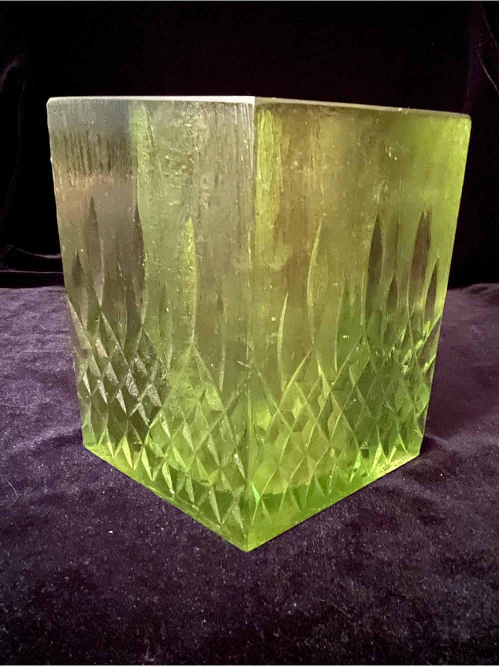 Sascha Brastoff Green Resin Candleholder - Deep Diamond Cut Design - Mid Century
